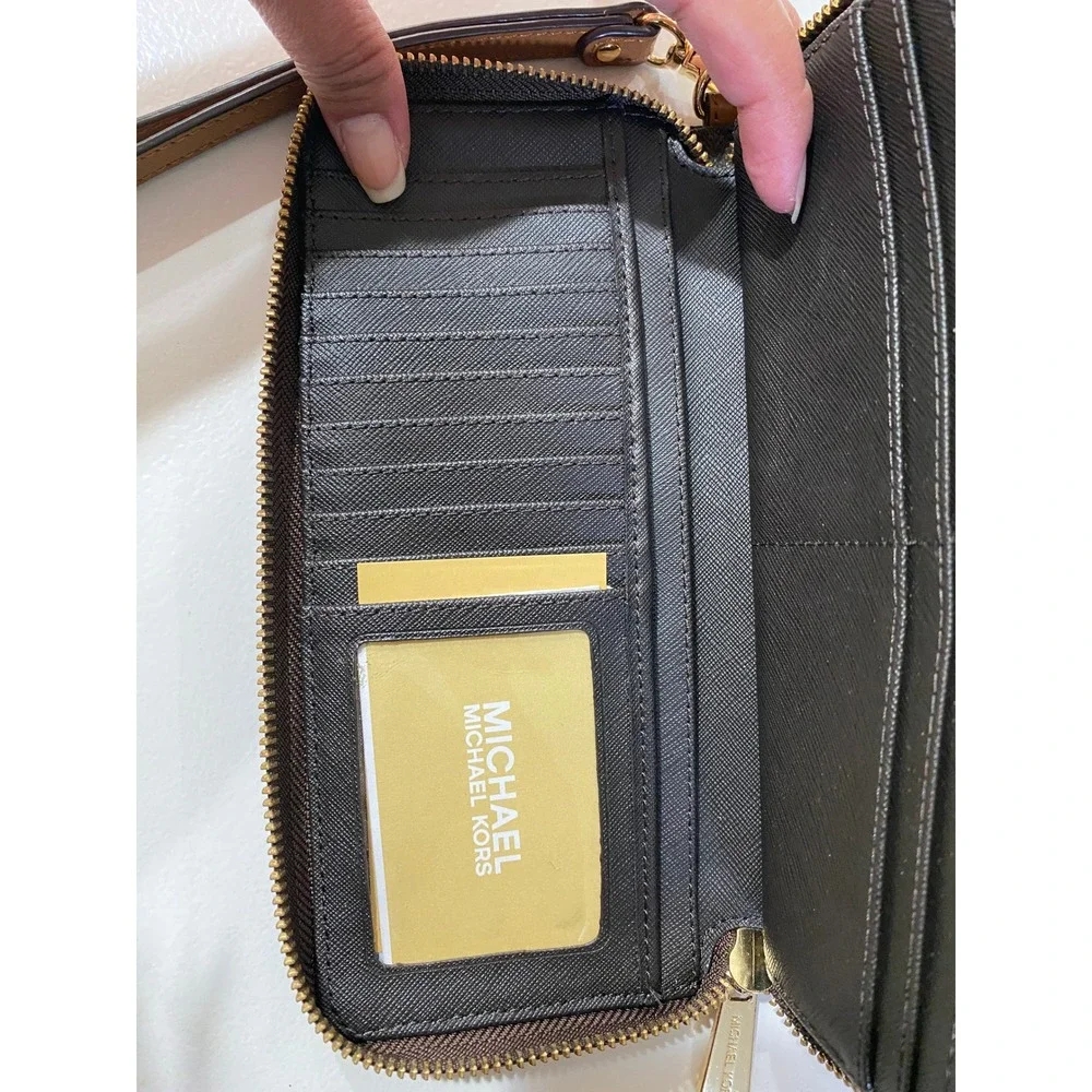 Michael Kors Jet Set Travel Continental Wristlet Wallet Brown Logo Gold Hardware